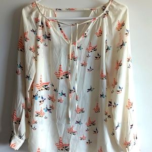 Creamy white sheer longsleeve blouse with bird